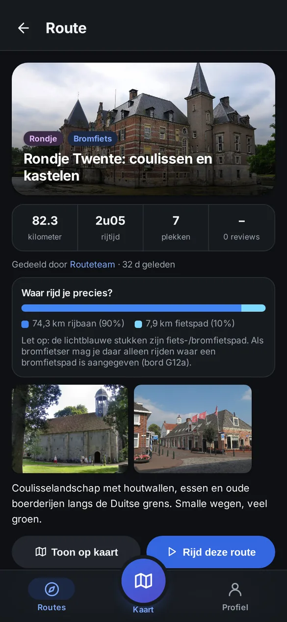 Routedetail met foto's en verdeling rijbaan/fietspad