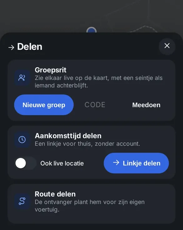Delen: groepsrit, aankomsttijd, route